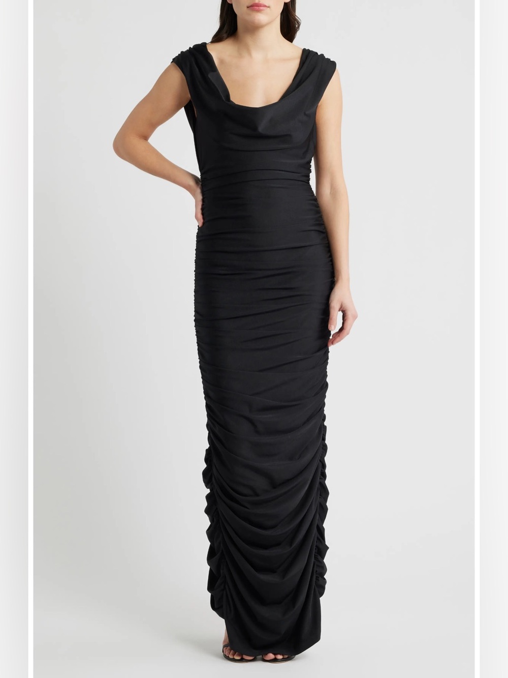Black halo Evangeline ruched satin maxi dress gown